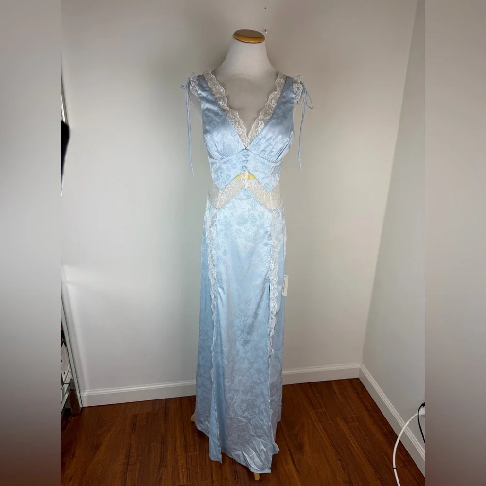 NWT For Love & Lemons Hattie Satin Slip Maxi Dress Blue Floral Lace Size XS - Picture 5 of 11
